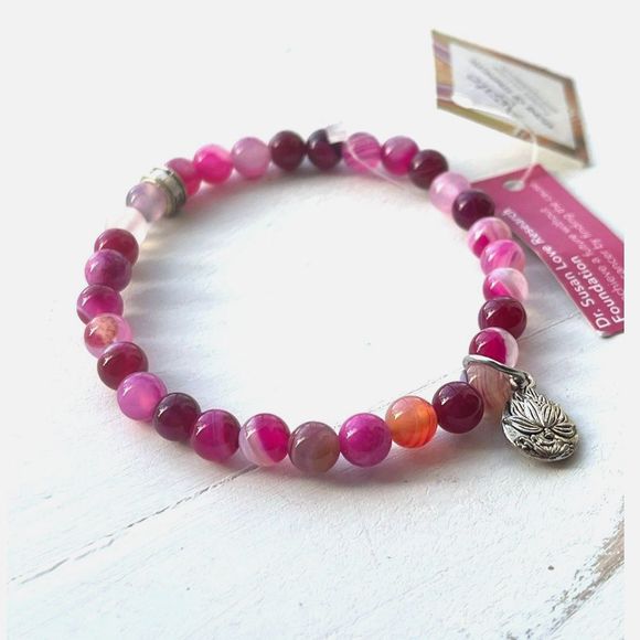 cfc Semi-Precious Agate Bright Pink Beaded Bracelet with Silver Tone Lotus Charm - Picture 3 of 5